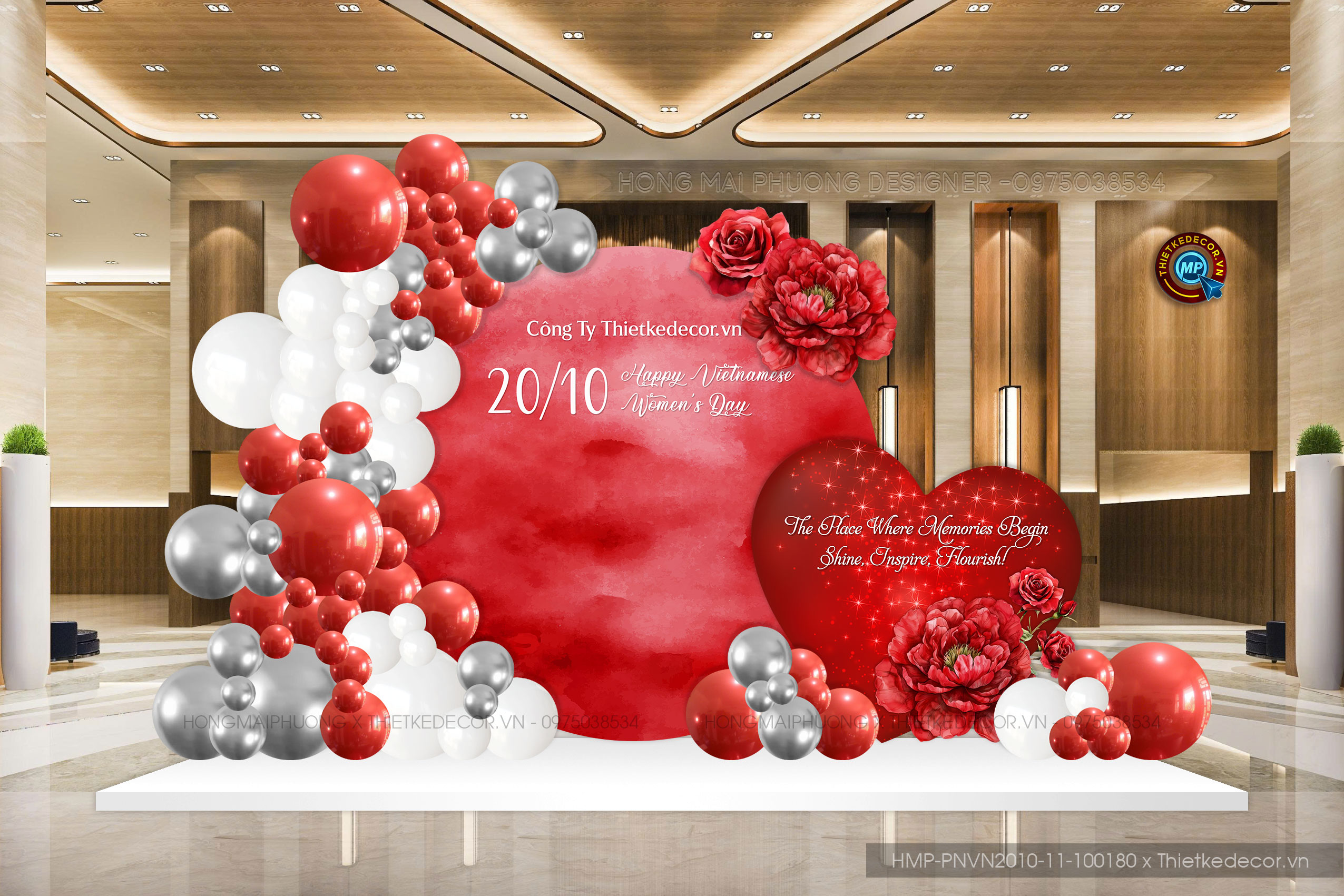 Backdrop checkin ngày phụ nữ VN 20-10 tone đỏ